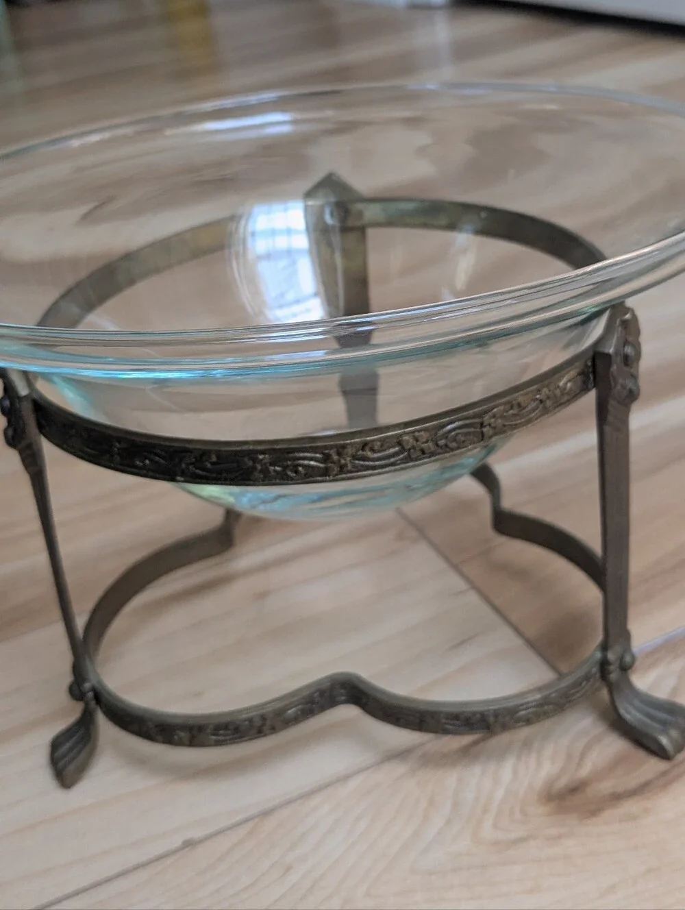 Art Deco Glass Bowl with Bronze Metal Stand
